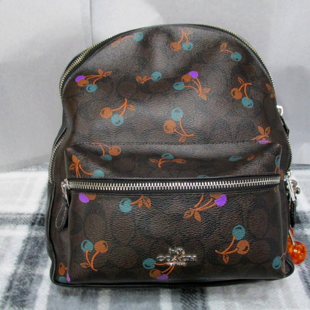 P90-Rare NWOT Coach Charlie Cherry Print Signature Backpack - Picture 1 of 10